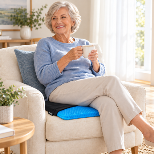 Senior woman relaxing in an armchair on the Verraloom cushion