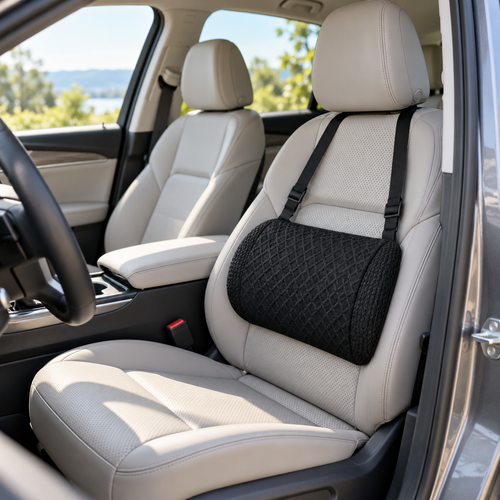 Verraloom lumbar cushion strapped to a car seat