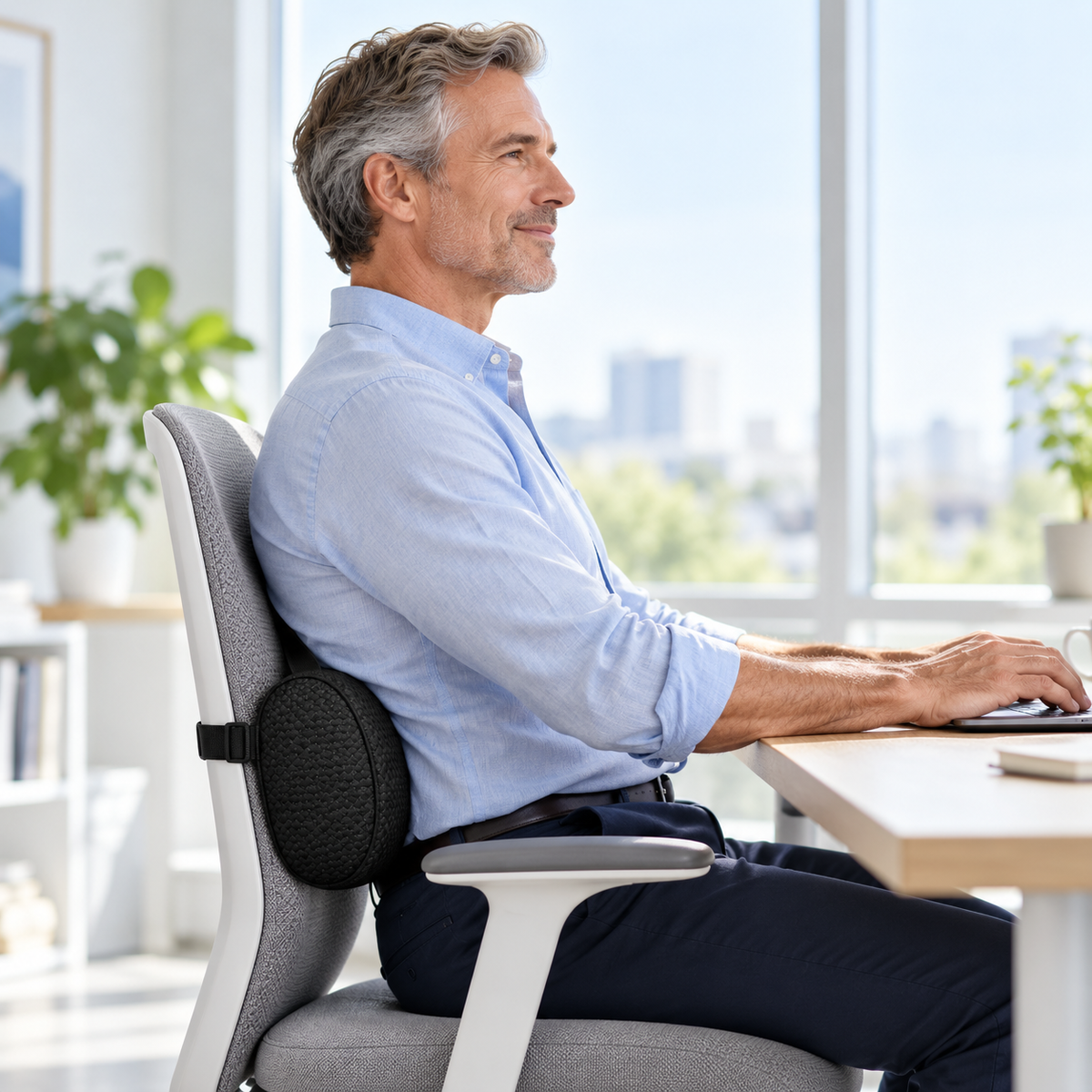 Man working at his desk with the Verraloom lumbar cushion