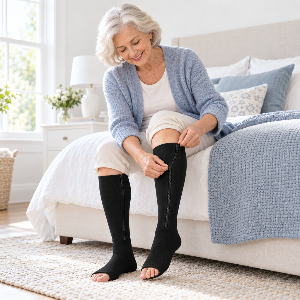 Senior woman zipping up black compression socks
