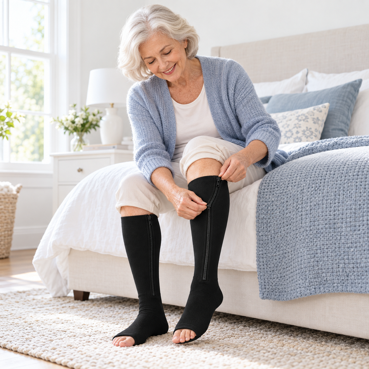Senior woman zipping up black compression socks