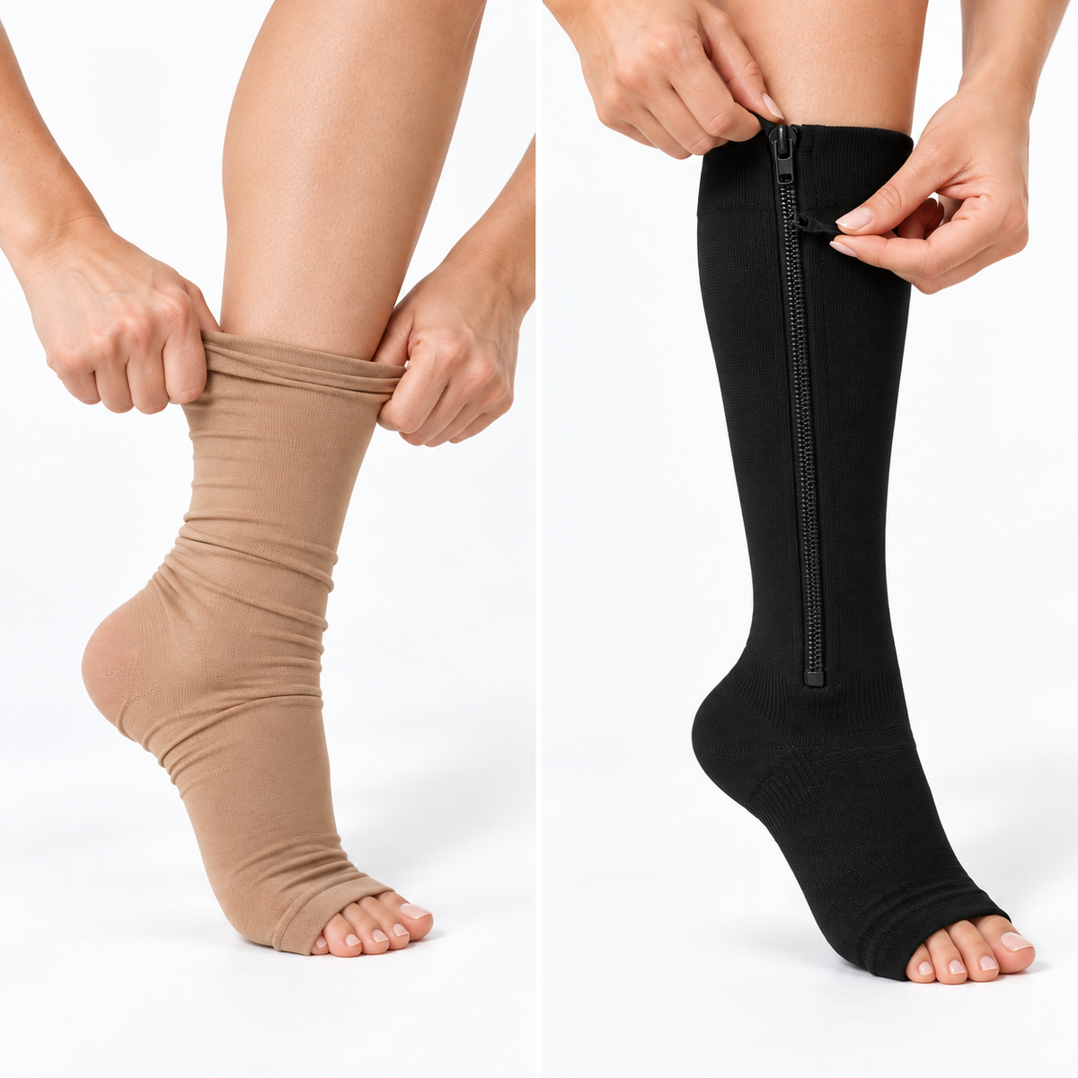 Traditional compression stocking compared with the zip-up sock