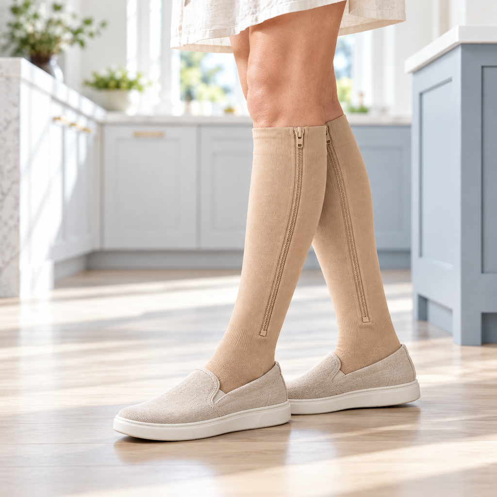Nude zip-up compression socks worn with slip-on shoes