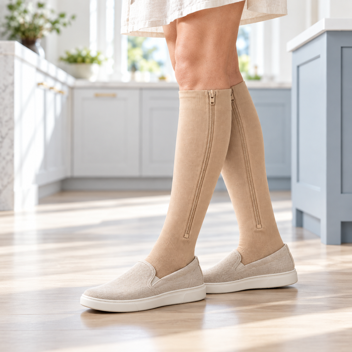 Nude zip-up compression socks worn with slip-on shoes