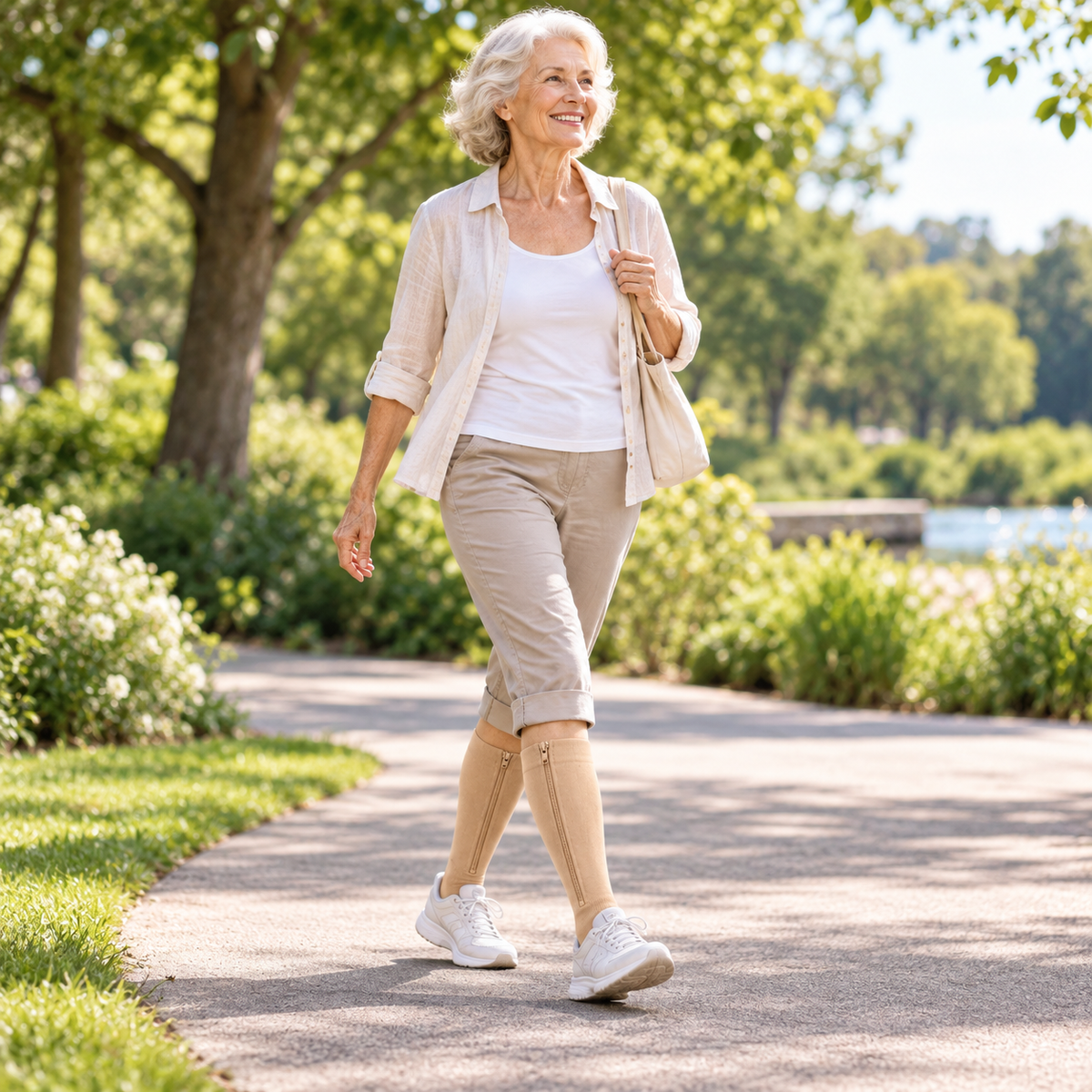 Senior woman walking in the park wearing nude compression socks